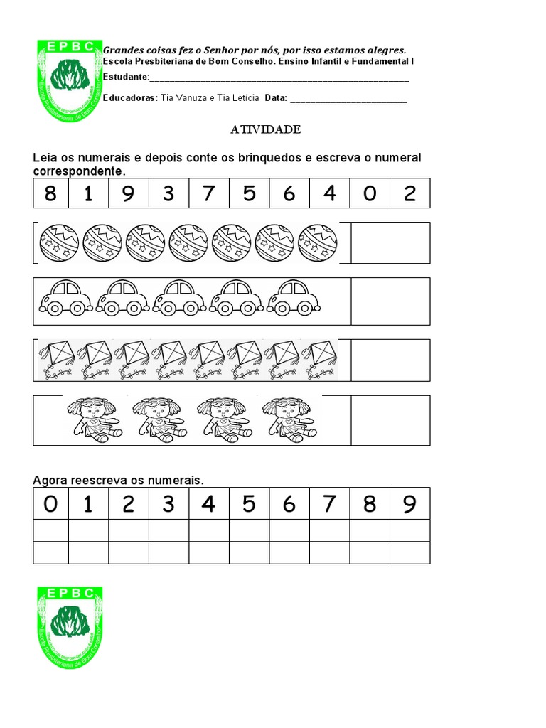 Atividade Leia Os Numerais e Depois Conte Os Brinquedos e Escreva o ...