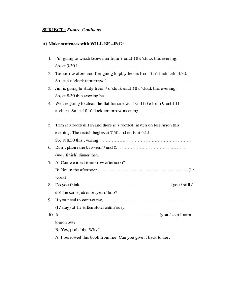Future Continuous Tense Exercises | PDF | Home & Garden