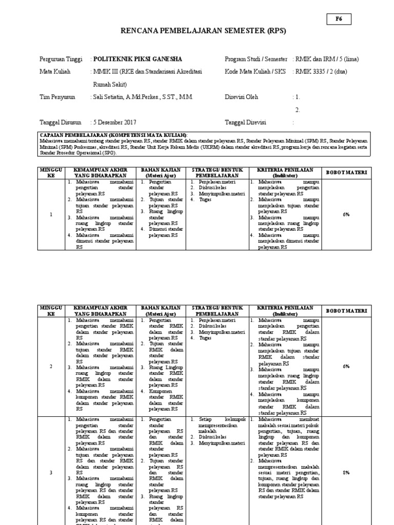 F6. Rencana Pembelajaran Semester (RPS) - Format Piksi - MMIK III | PDF ...