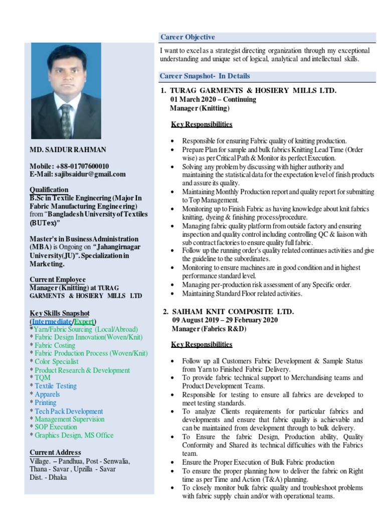 Textile Engineer CV - Md. Saidur Rahman | PDF | Textiles | Technical ...