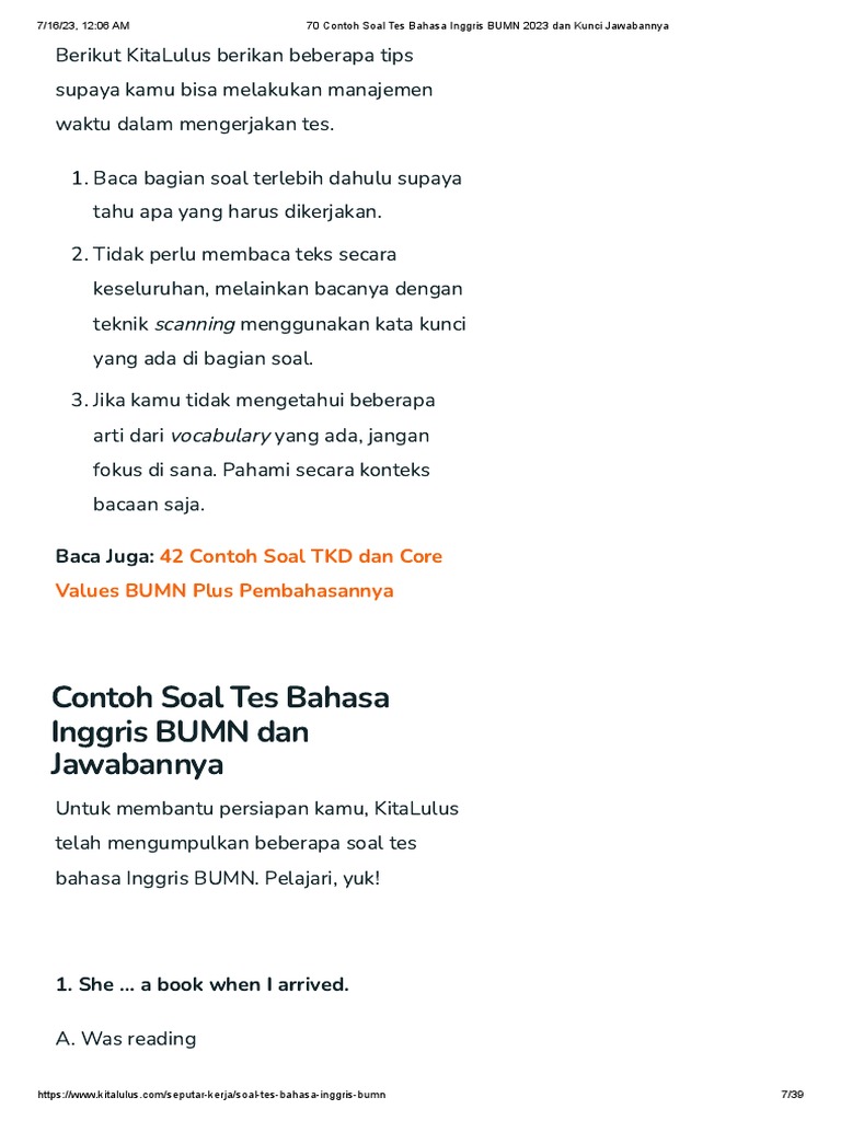 70 contoh soal tes bahasa inggris bumn 2023 dan kunci jawabannya pdf