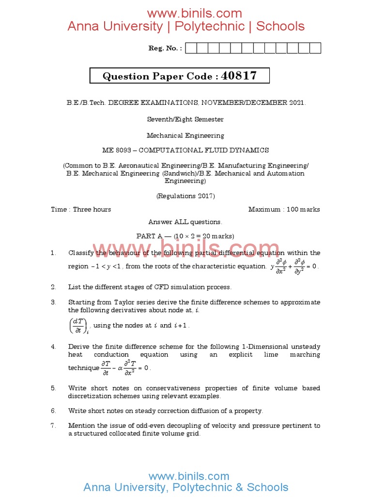 CFD Exam Paper ME 8093 | PDF | Fluid Dynamics | Computational Fluid ...