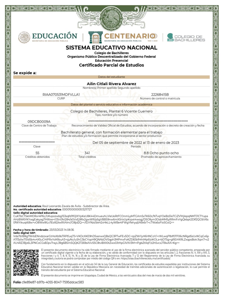 Sistema Educativo Nacional: Certificado Parcial de Estudios | PDF