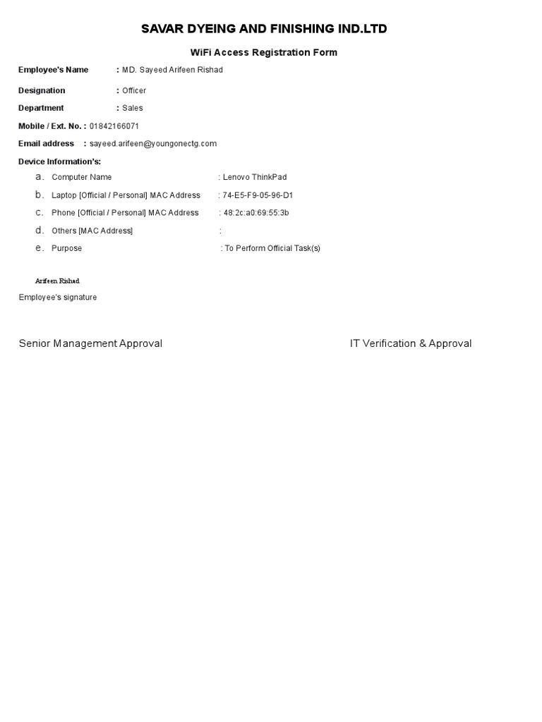 WiFi Registration Form PDF