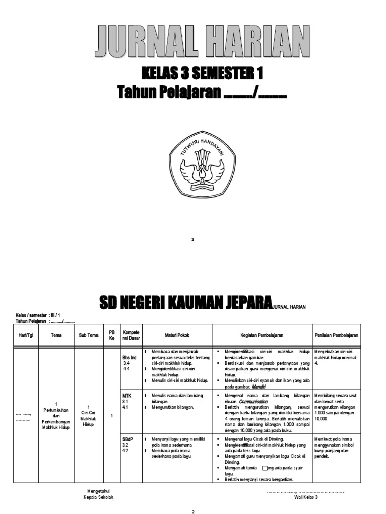 JURNAL KELAS 3 Sms1 | PDF
