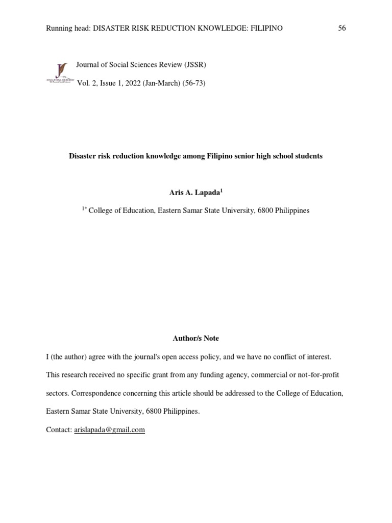 Disaster Risk Reduction Knowledge Among Filipino Senior High School