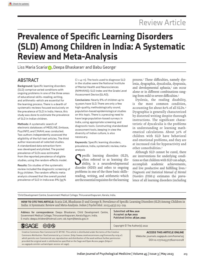 Scaria Et Al 2022 Prevalence Of Specific Learning Disorders Sld Among