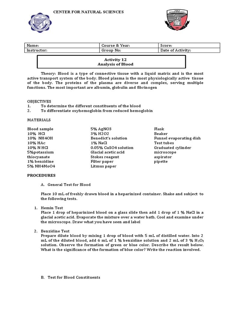 LAB 12 Blood | PDF | Blood | Precipitation (Chemistry)
