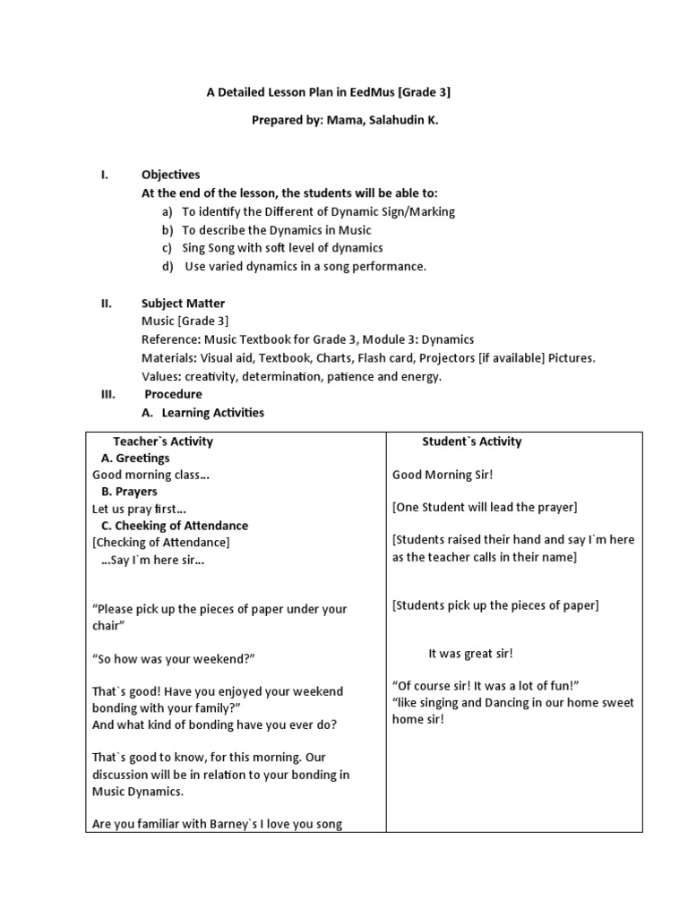 Grade 3 Music Dynamics Lesson Plan | PDF