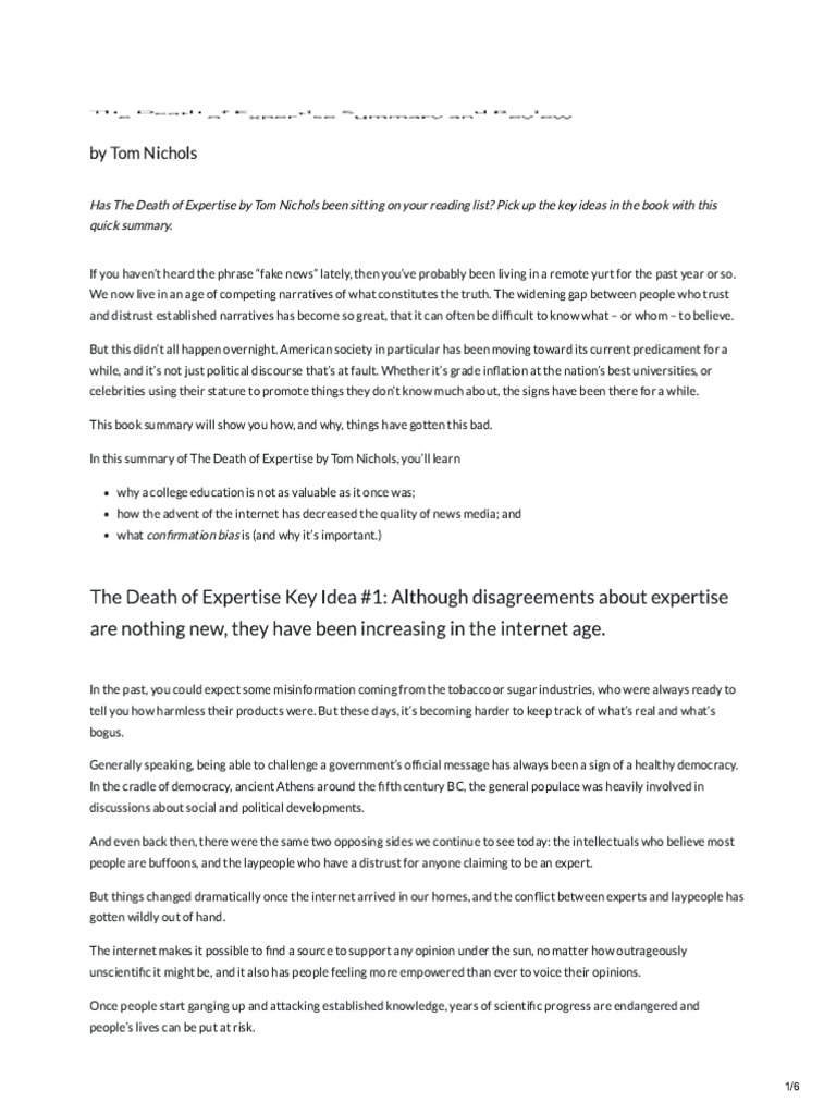 The Death of Expertise Summary, Review PDF PDF