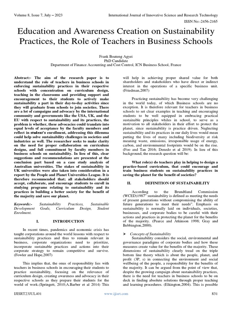 Role of Teachers in Sustainability Education | PDF | Sustainability ...