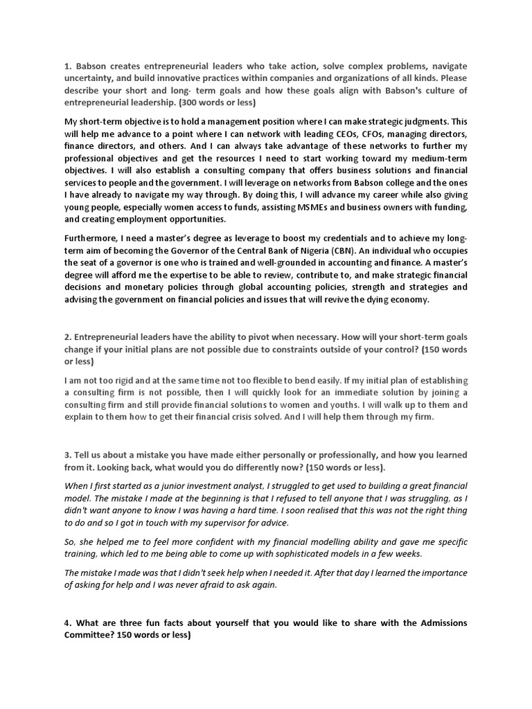 Babson Statement PDF Entrepreneurship Chief Financial Officer