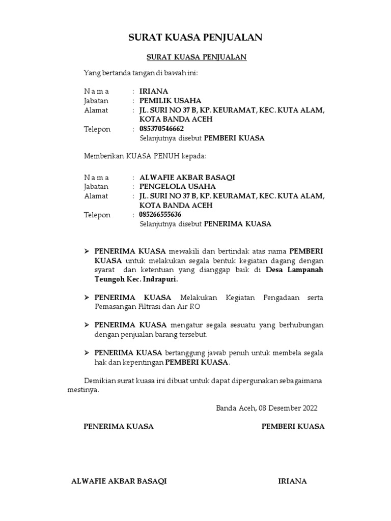 Contoh Surat Kuasa Penjualan FH UII | PDF