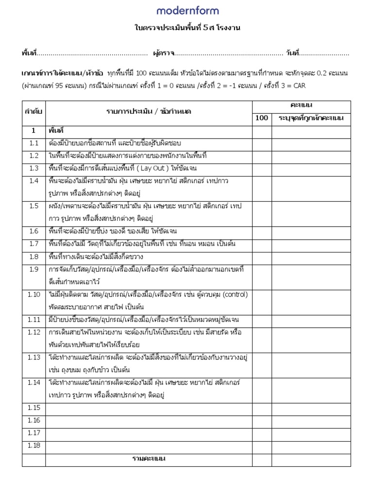 แบบฟอร์มใบตรวจประเมินพื้นที่ 5ส โรงงาน | PDF