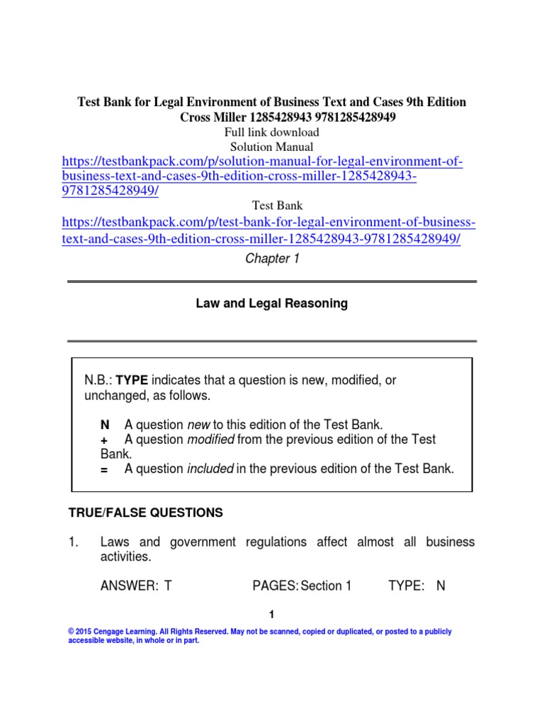 Legal environment of business text and cases 9th edition cross miller