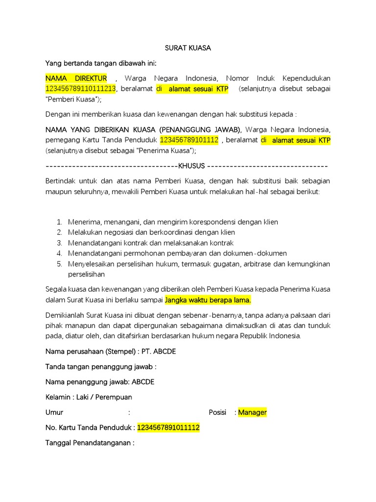 Surat Kuasa Bilingual untuk Pemberian Kuasa | PDF | Politik