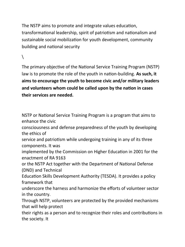 NSTP: Promoting Values for Youth Development | PDF | Social Science