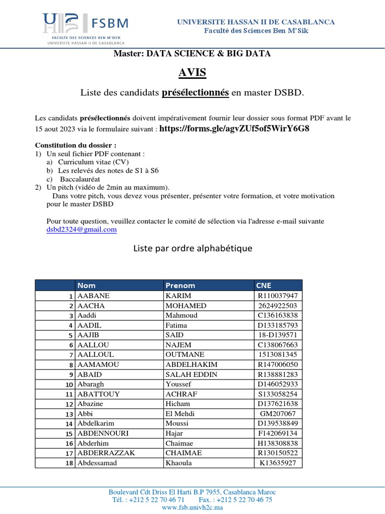 Liste des candidats Master DSBD 2023 | PDF