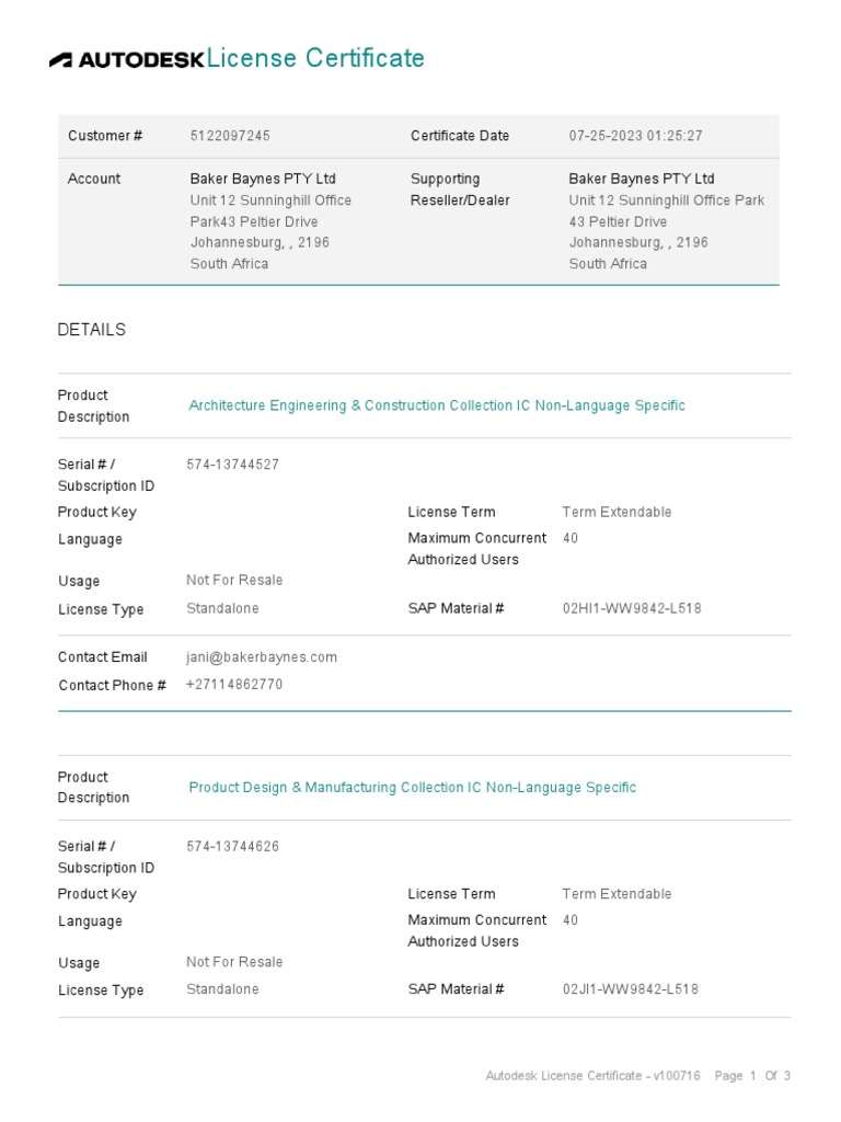 Autodesk License Certificate Details | PDF | Autodesk | License