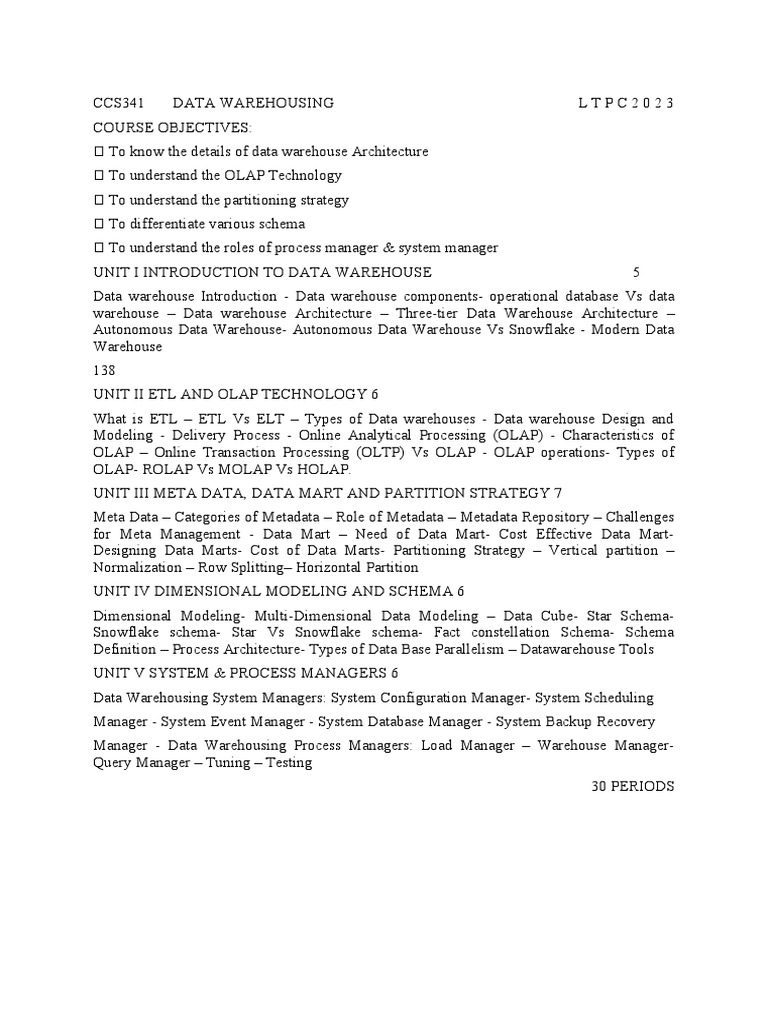Ccs341 data warehousing pdf data warehouse data management