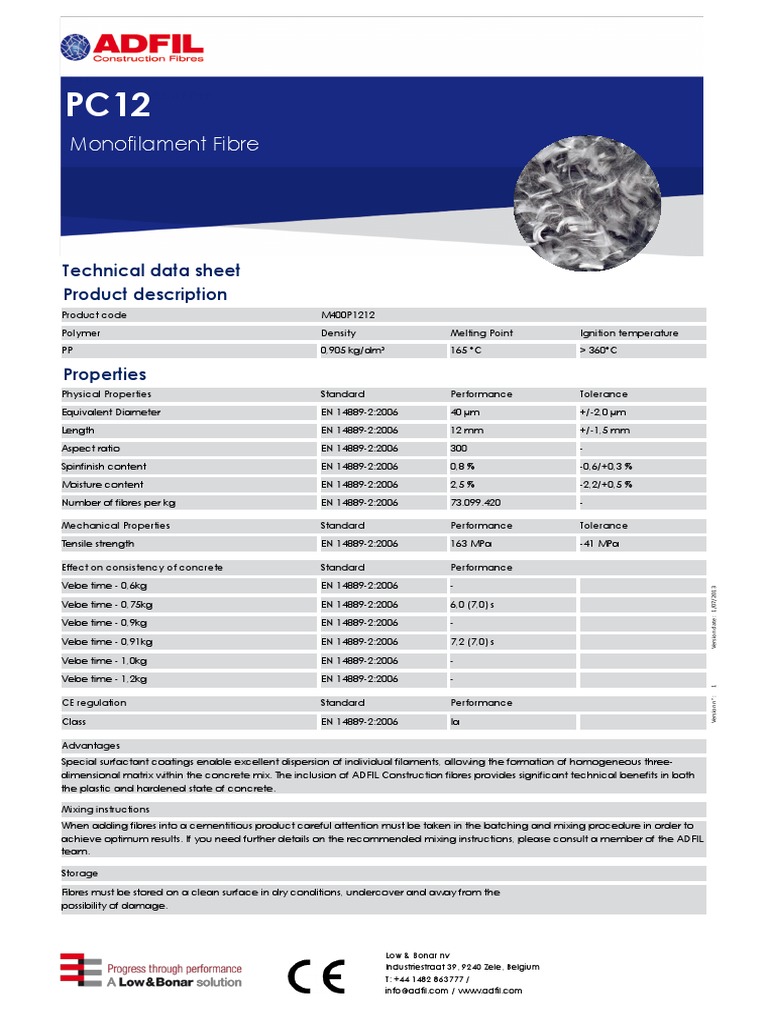 PC12 Monofilament Micro Fibre Data Sheet | PDF | Concrete | Fibers