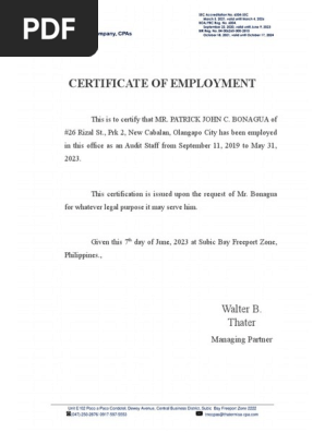 CERTIFICATE OF EMPLOYMENT