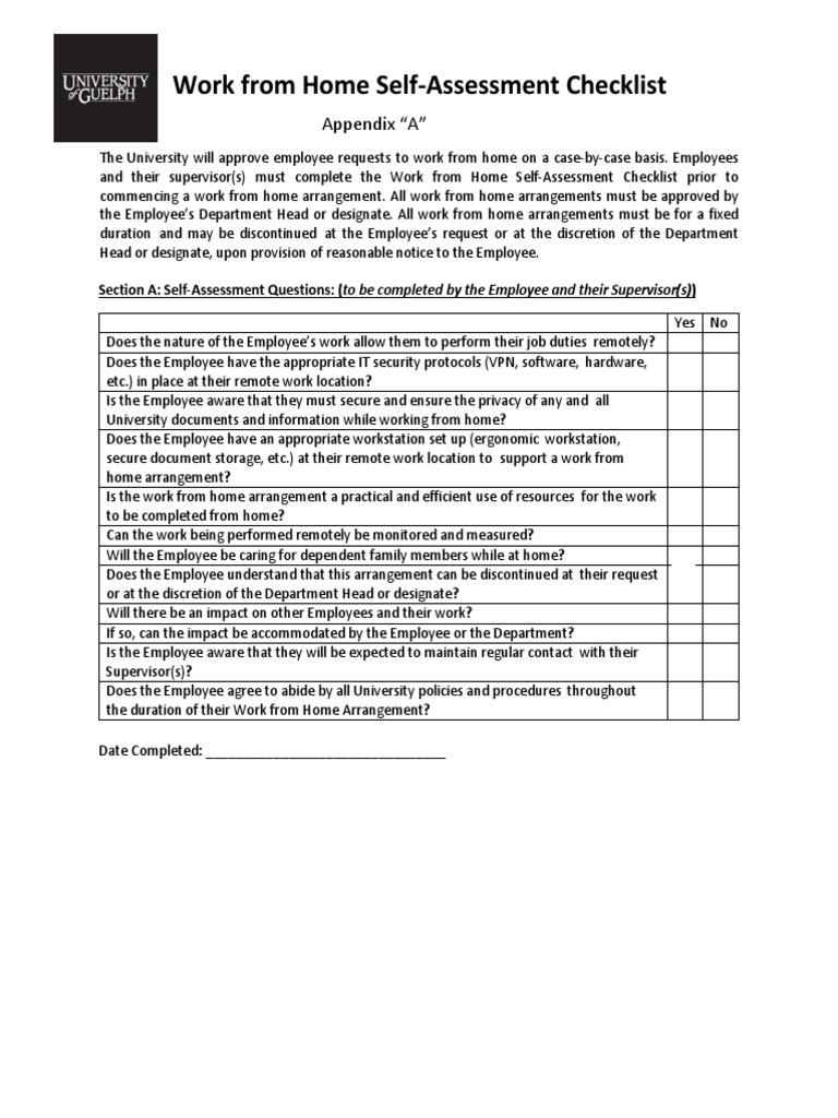 Work from Home Self-Assessment Checklist | PDF | Employment ...