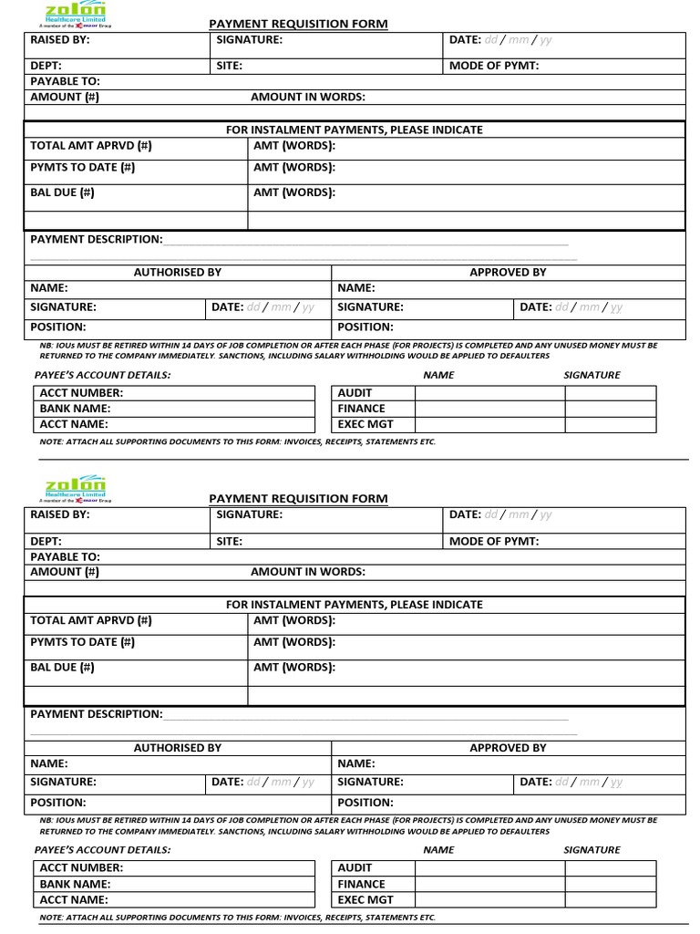 Zolon New Payment Requisition Form Update PDF Payments Banking