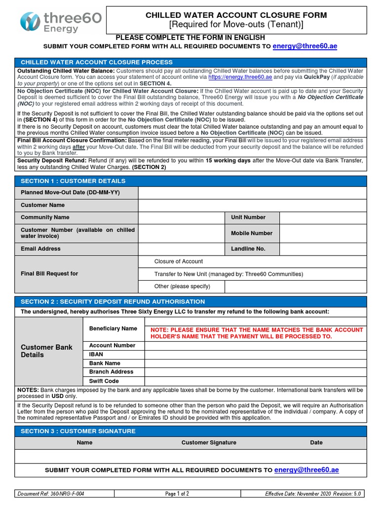 Abu Dhabi Three60 Energy Chilled Water Account Closure Form PDF Debit Card Visa Inc.