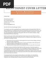 Receptionist Cover Letter Example