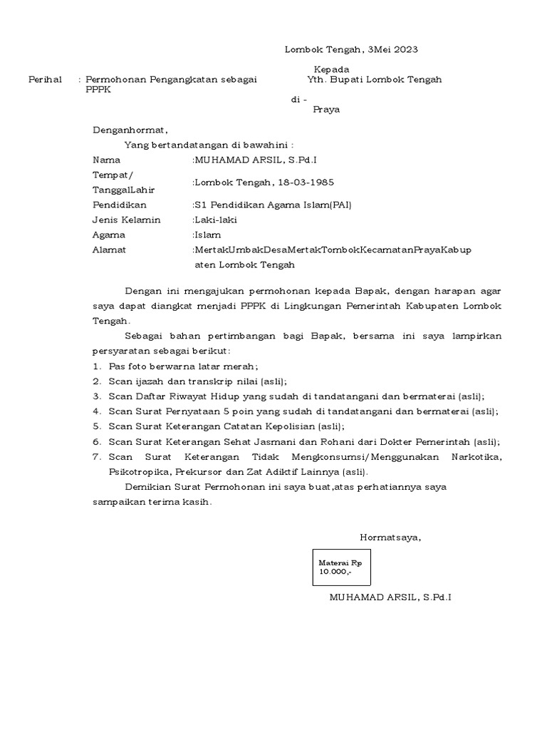 Surat Lamaran PPPK Guru 2023 | PDF