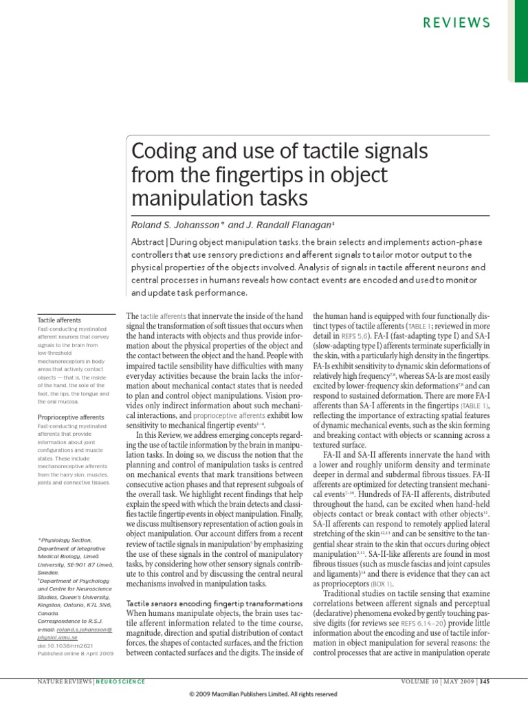 Tactile Signal Use in Object Manipulation | PDF | Somatosensory System ...