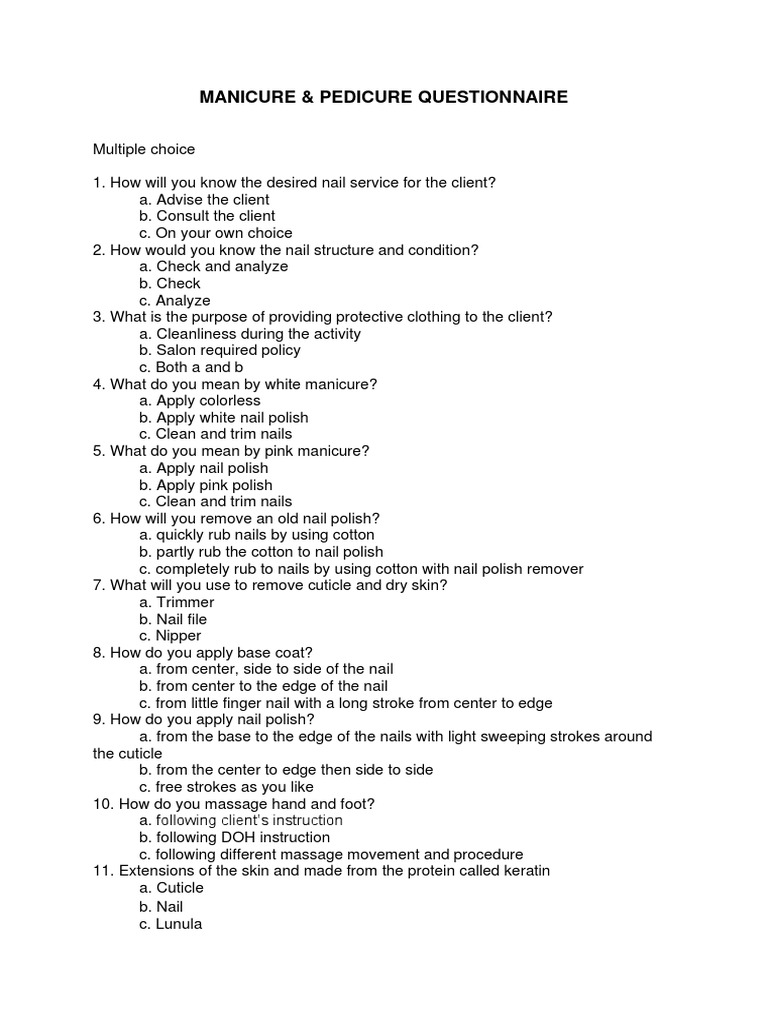 Manicure Pedicure Questionnaire PDF