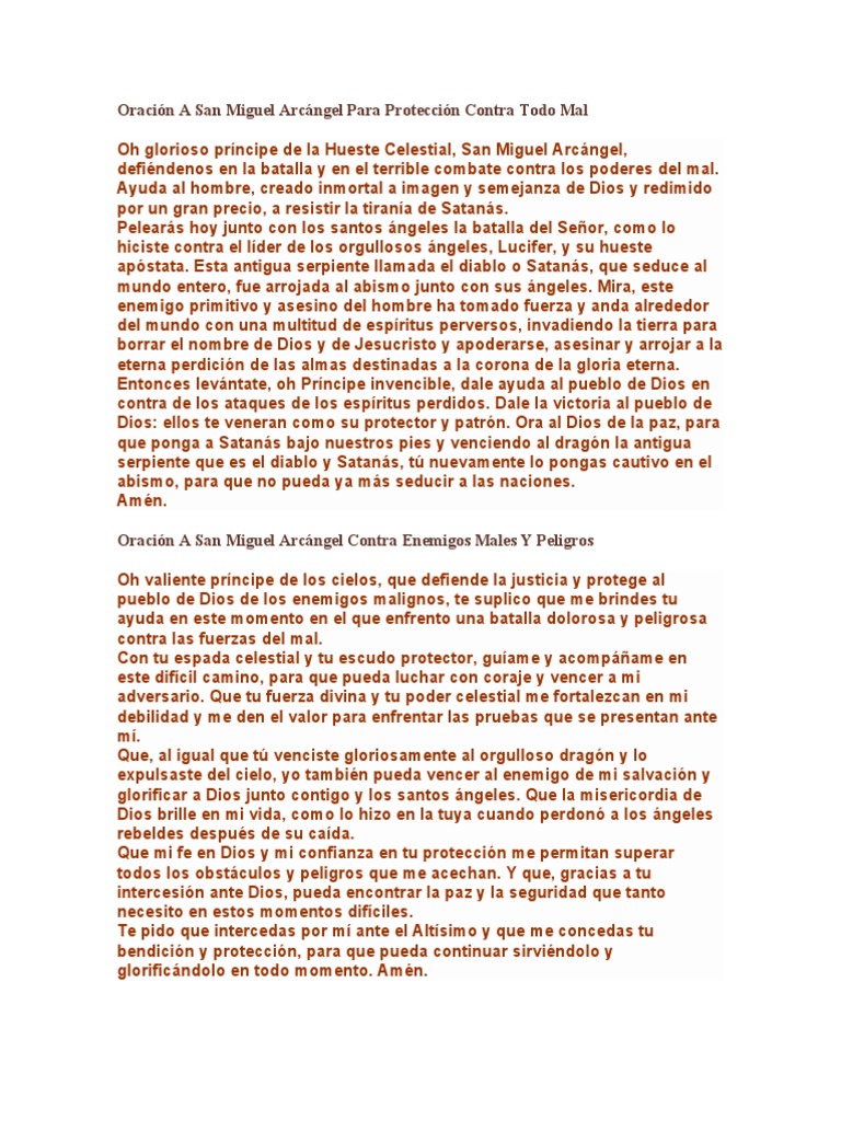 Oración A San Miguel Arcángel para Protección Contra Todo Mal | PDF ...