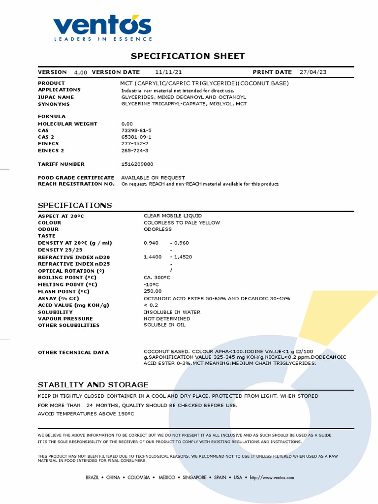 MCT Specification for Industrial Use | PDF | Triglyceride | Organic ...