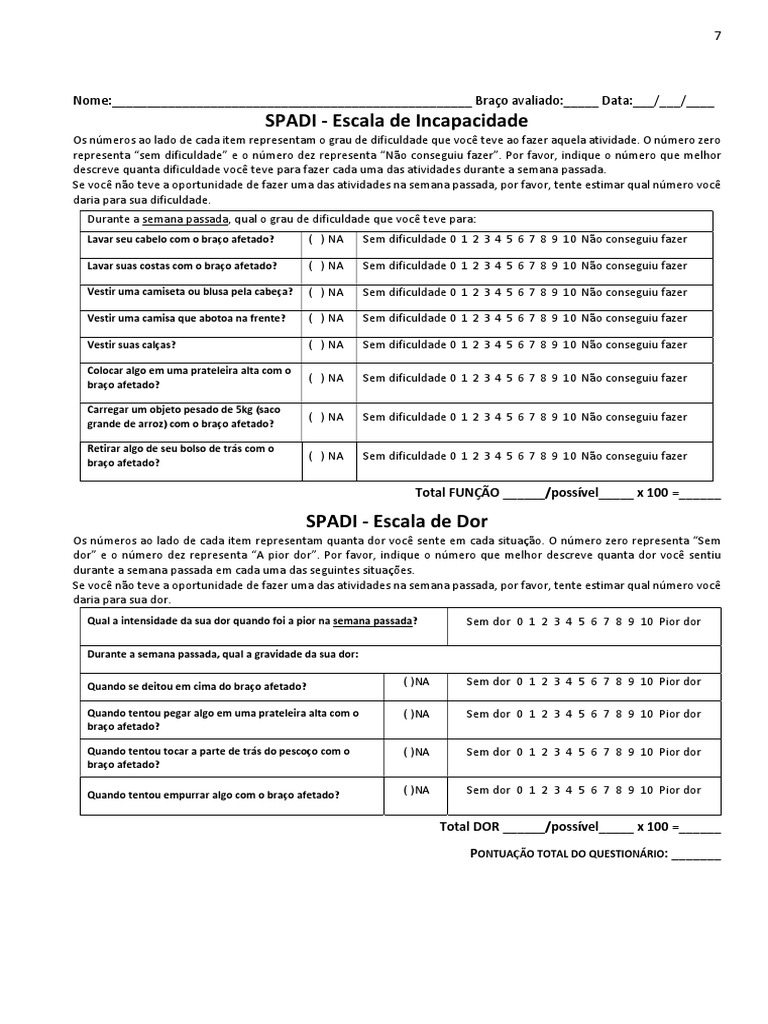 Questionário SPADI Função e Dor Ombro | PDF | Dor