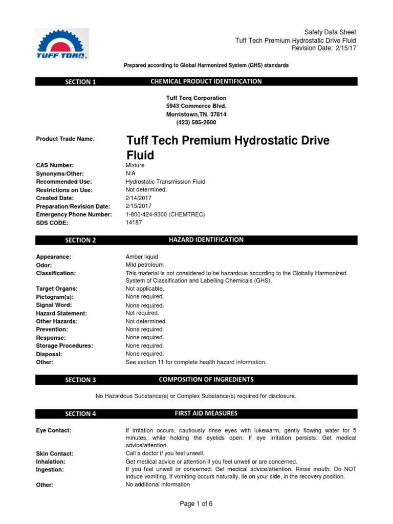 Tuff Tech Hydrostatic Drive Fluid SDS | PDF