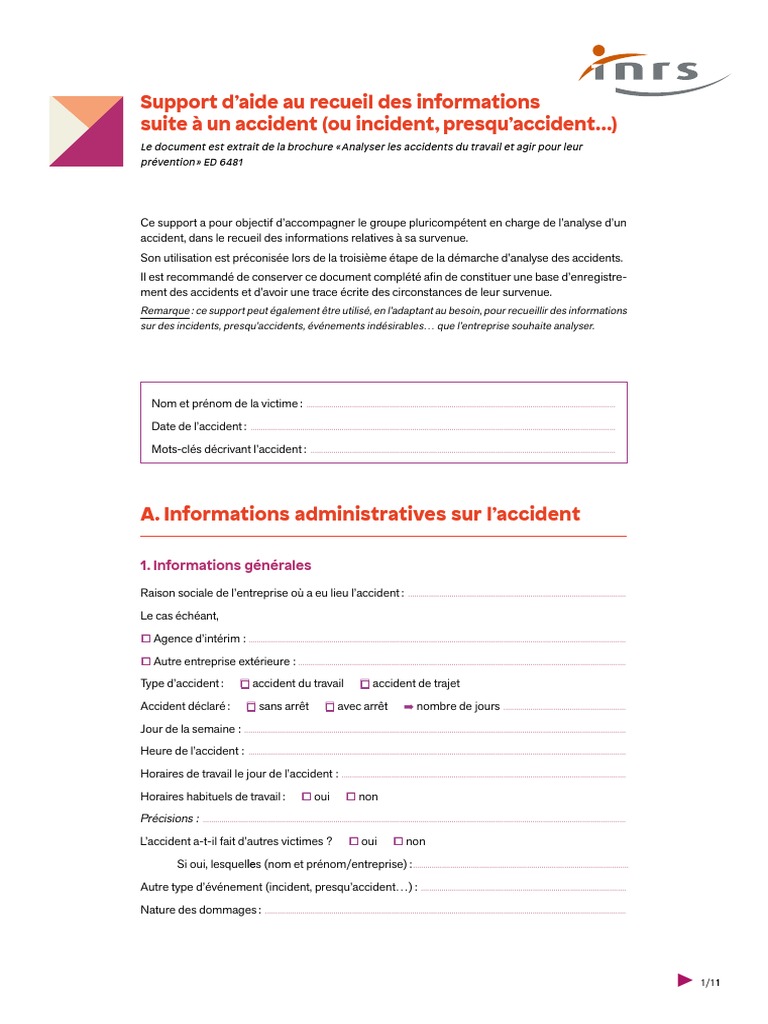 Support D'aide Au Recueil Des Informations Suite À Un Accident (Ou ...