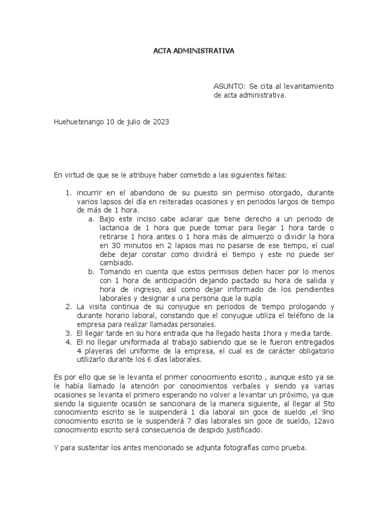 Modelo ACTA ADMINISTRATIVA | PDF