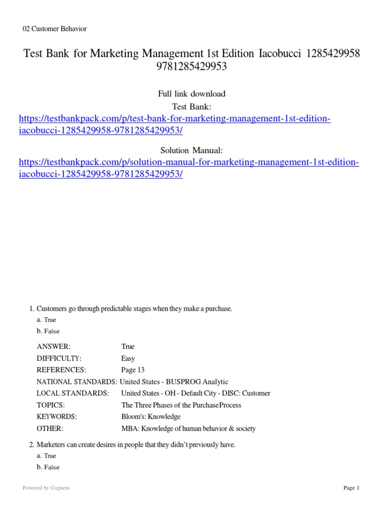 Marketing Management 1st Edition Iacobucci Test Bank | PDF
