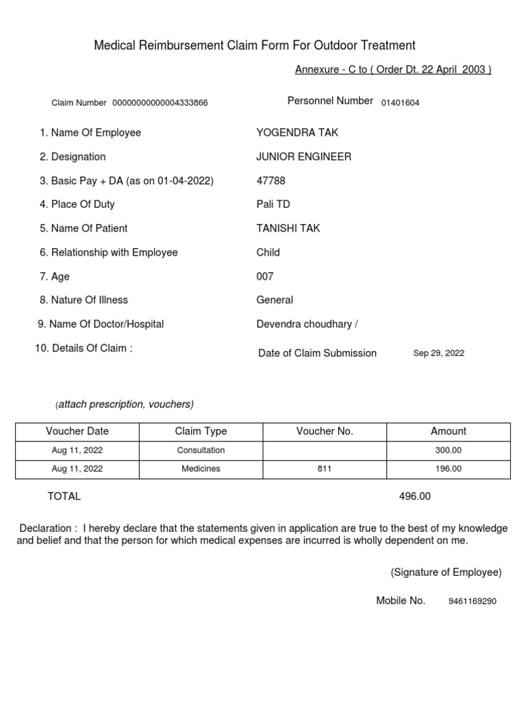 Medical Reimbursement Claim Form For Outdoor Treatment PDF