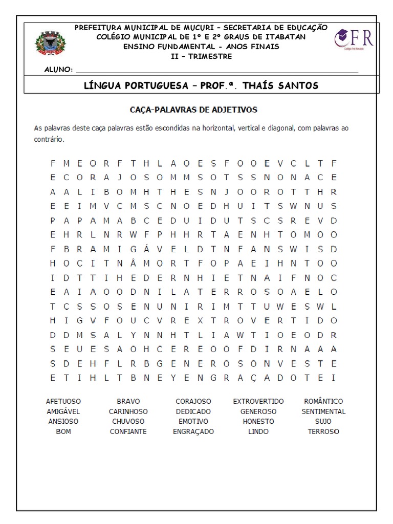 Caça-Palavras de Adjetivos | PDF