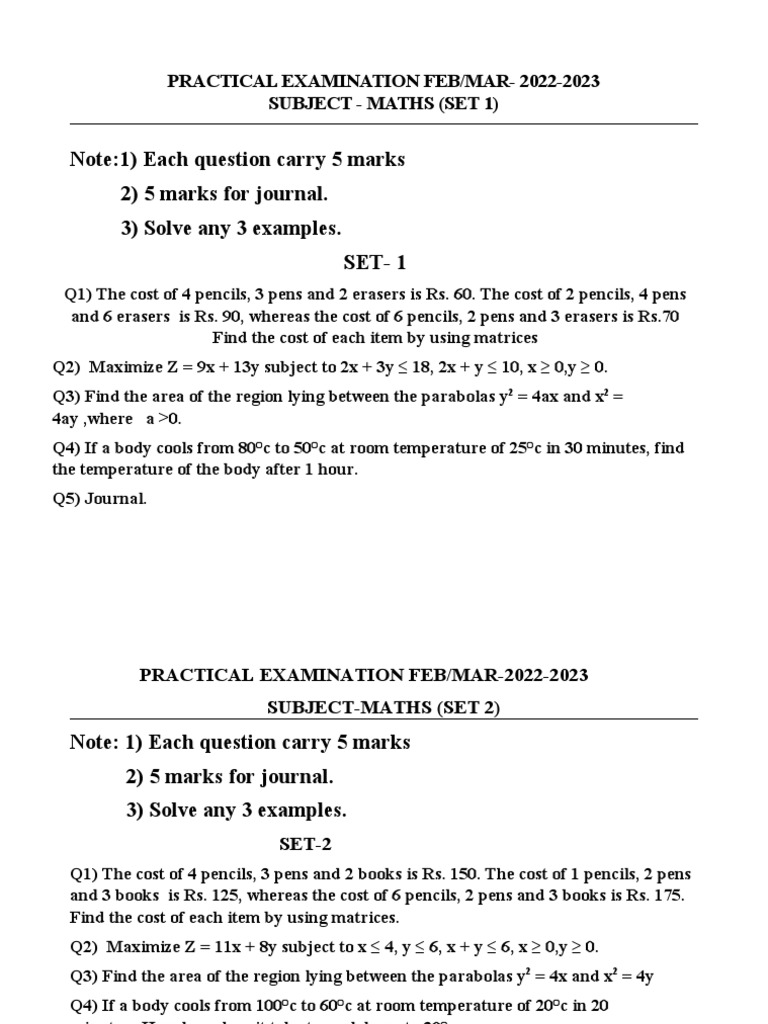 Maths practical examination paper set feb march 2023 pdf