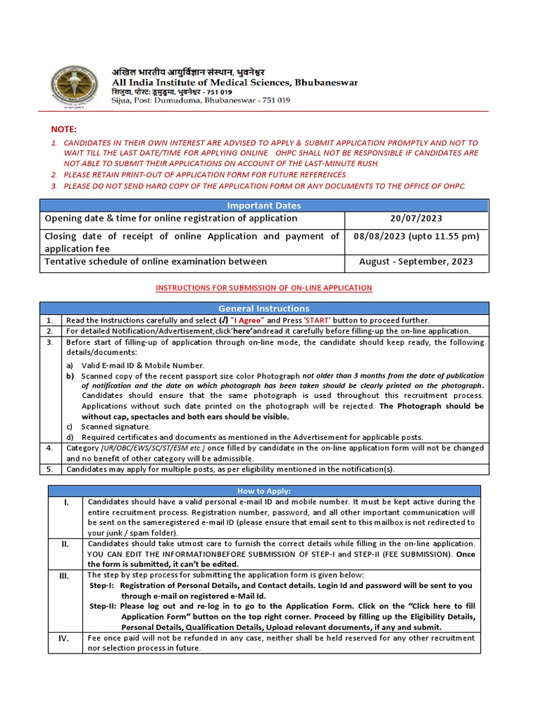Important Dates: Instructions For Submission of On-Line Application | PDF