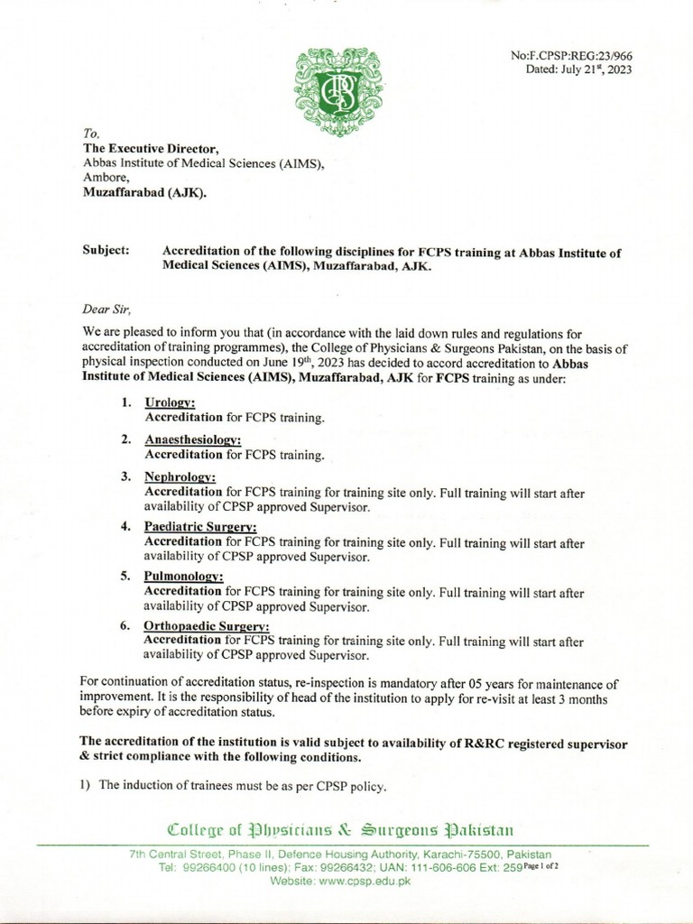 Accreditation letter abbas institute of medical sciences aims