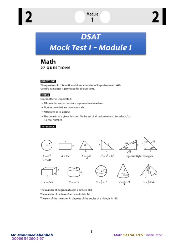 DSAT Mock Test 1: Math Practice | PDF | Circle | Sphere