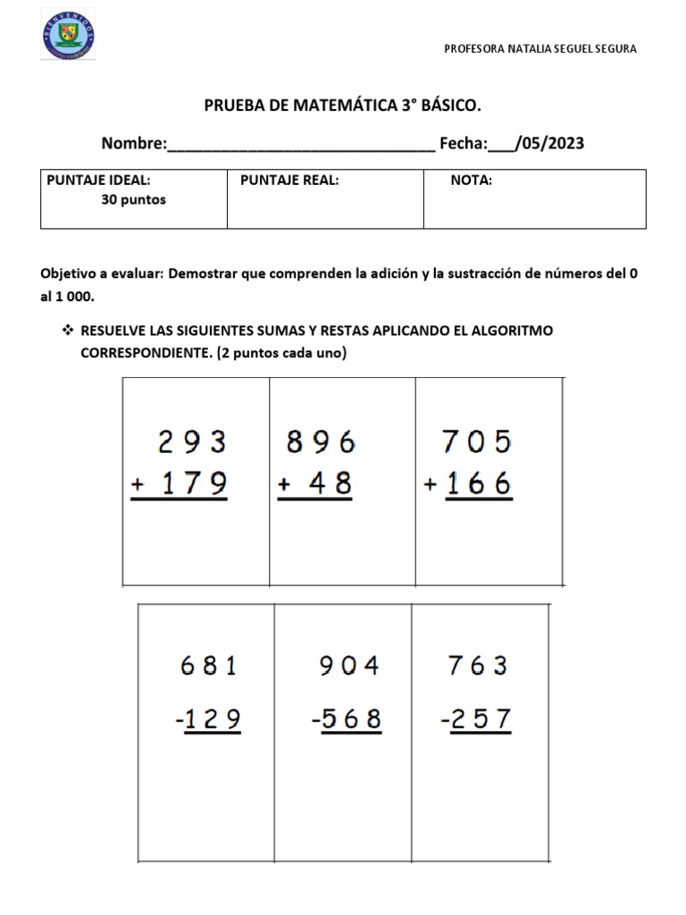 Prueba de Sumas y Restas 3° Básico | PDF | Matemáticas | Aritmética