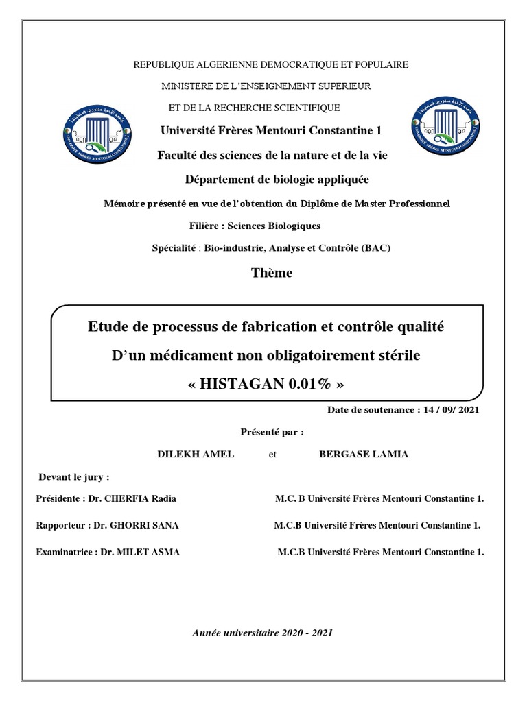 Fabrication et contrôle de l'HISTAGAN 0.01% | PDF | Allergie | Médecine ...