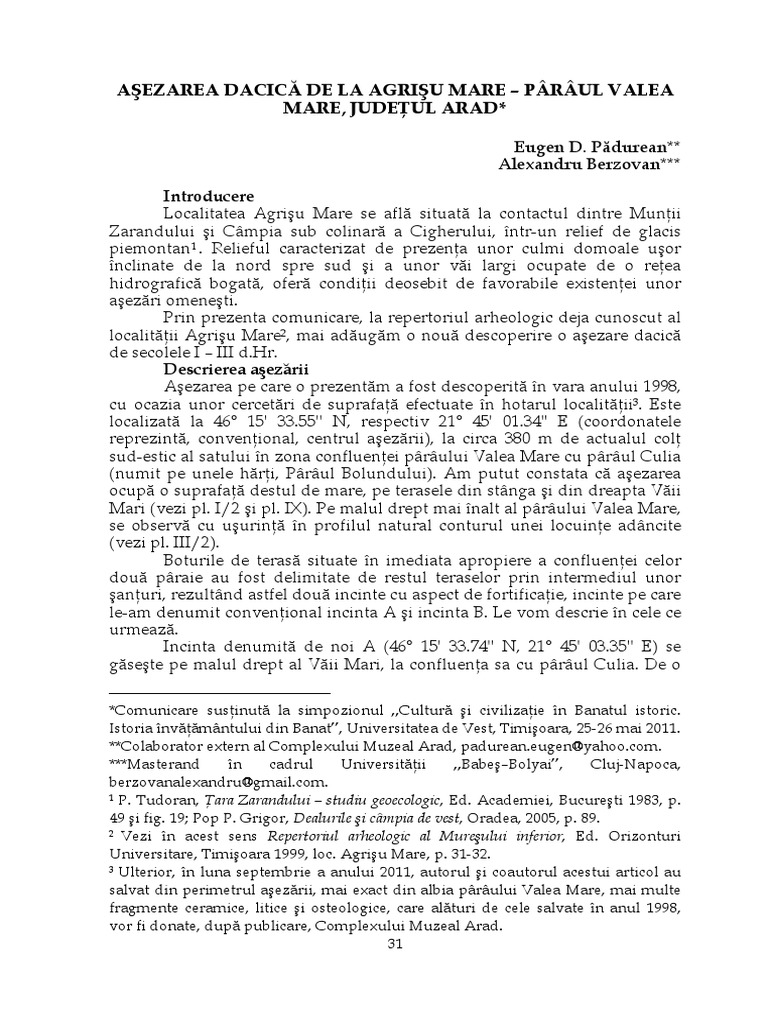 Asezarea Dacica de La Agrisu Mare Paraul | PDF