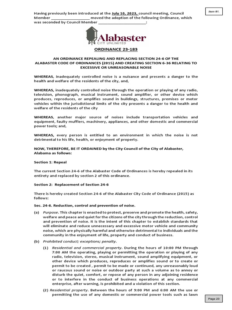 Alabaster New Noise Ordinance PDF Vehicles Engines
